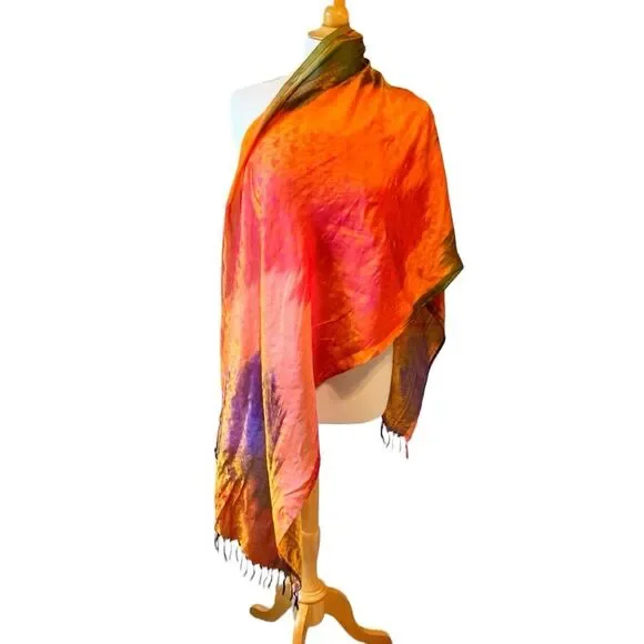 Silk Bright Colorful Jeweltone Brocade Hombre Sari Rectangular Scarf - Picture 7 of 8